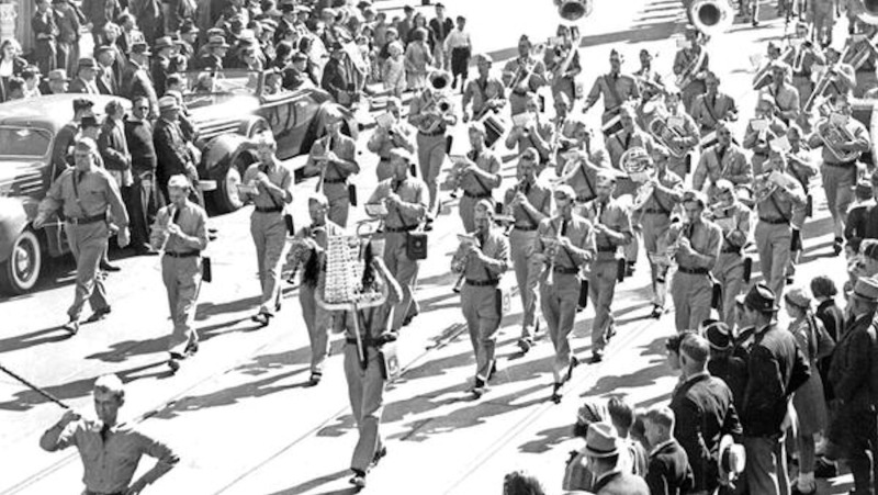 (213th Band Marching in the Memorial Day Parade – Allentown PA, Unknown photographer, public domain, via Wikimedia Commons)